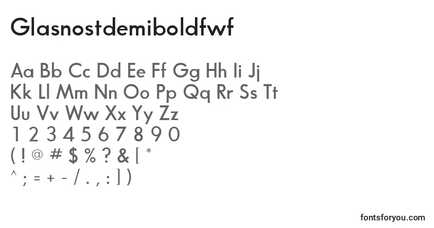 Шрифт Glasnostdemiboldfwf – алфавит, цифры, специальные символы