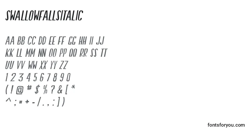 Schriftart SwallowFallsItalic – Alphabet, Zahlen, spezielle Symbole
