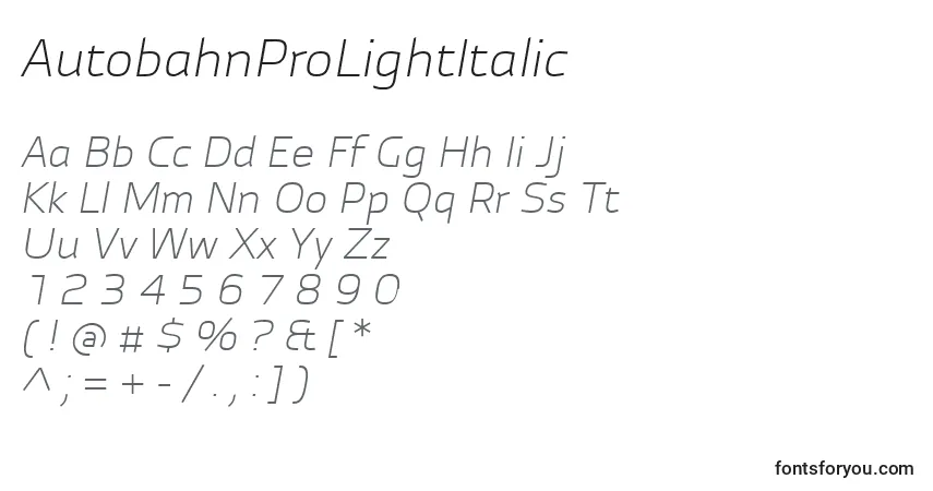 A fonte AutobahnProLightItalic – alfabeto, números, caracteres especiais