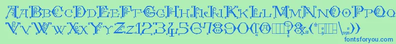 KingthingsEmbroidery-Schriftart – Blaue Schriften auf grünem Hintergrund