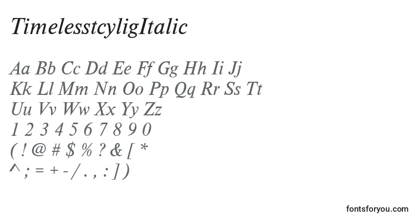 TimelesstcyligItalic-fontti – aakkoset, numerot, erikoismerkit