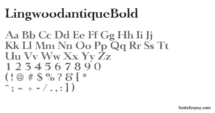 A fonte LingwoodantiqueBold – alfabeto, números, caracteres especiais