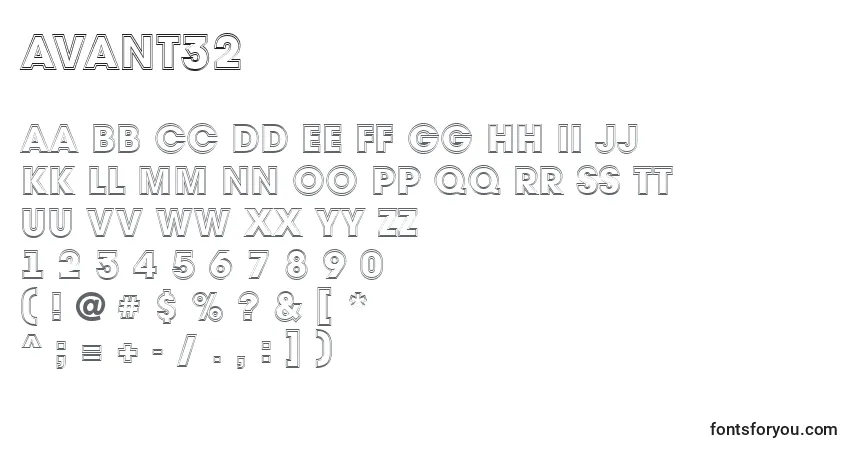 Czcionka Avant32 – alfabet, cyfry, specjalne znaki