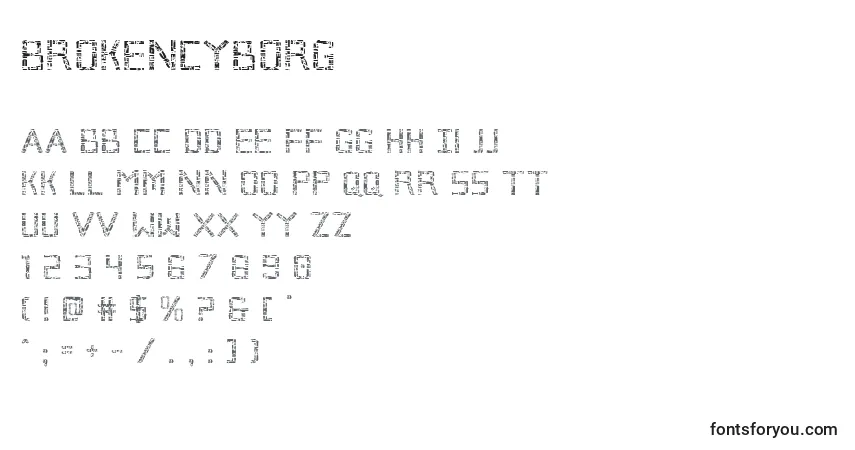 Schriftart Brokencyborg – Alphabet, Zahlen, spezielle Symbole