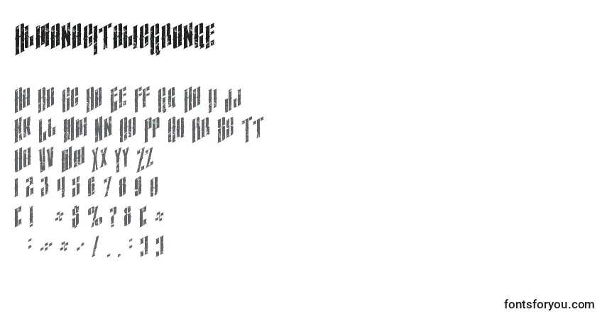 Czcionka AlmanacItalicGrunge – alfabet, cyfry, specjalne znaki