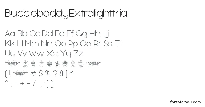 A fonte BubbleboddyExtralighttrial – alfabeto, números, caracteres especiais