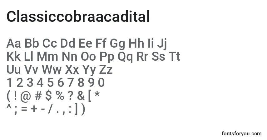 Czcionka Classiccobraacadital – alfabet, cyfry, specjalne znaki