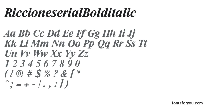 Шрифт RiccioneserialBolditalic – алфавит, цифры, специальные символы