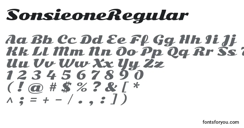 Czcionka SonsieoneRegular – alfabet, cyfry, specjalne znaki
