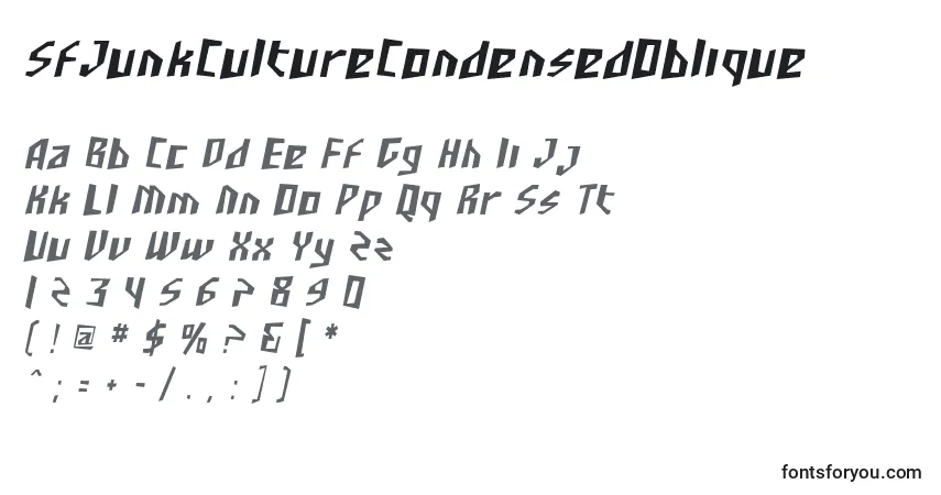 characters of sfjunkculturecondensedoblique font, letter of sfjunkculturecondensedoblique font, alphabet of  sfjunkculturecondensedoblique font