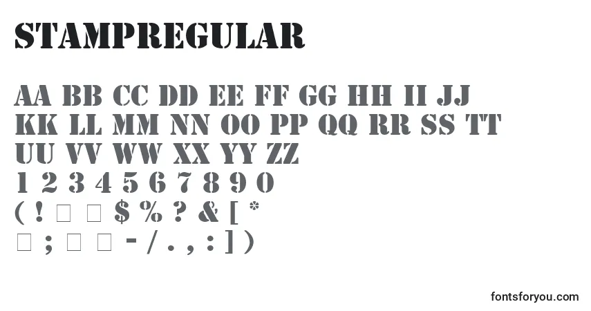 A fonte StampRegular – alfabeto, números, caracteres especiais