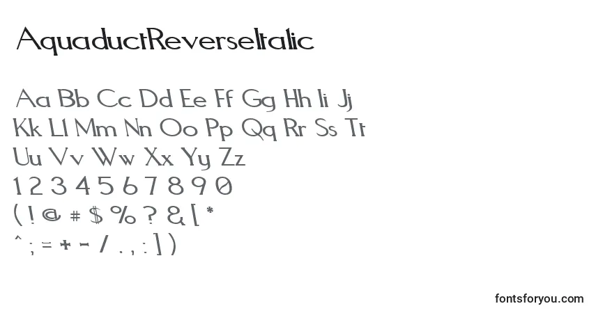 Шрифт AquaductReverseItalic – алфавит, цифры, специальные символы