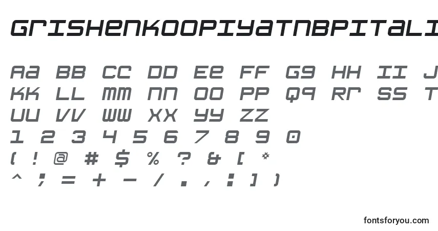 Czcionka GrishenkoOpiyatNbpItalic – alfabet, cyfry, specjalne znaki