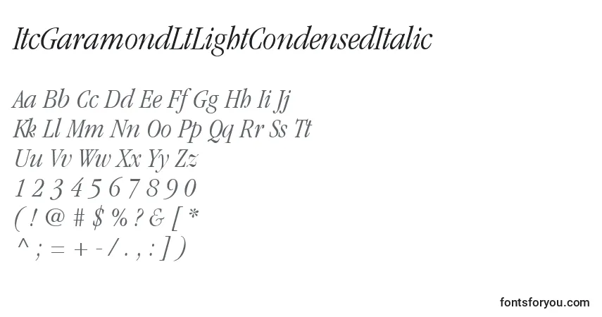 A fonte ItcGaramondLtLightCondensedItalic – alfabeto, números, caracteres especiais