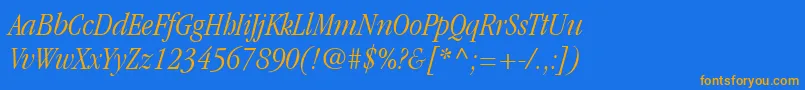 Weitere Informationen zur ItcGaramondLtLightCondensedItalic-Schriftart ItcGaramondLtLightCondensedItalic-Schriftart – Orangefarbene Schriften auf blauem Hintergrund