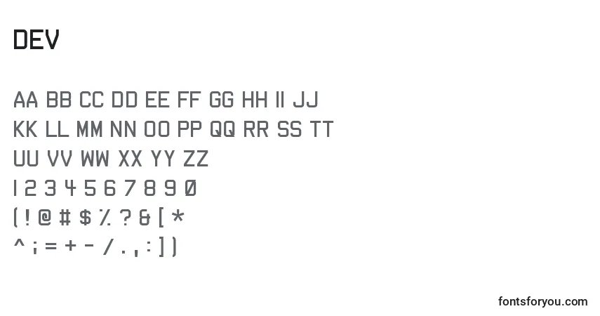 Schriftart Dev – Alphabet, Zahlen, spezielle Symbole