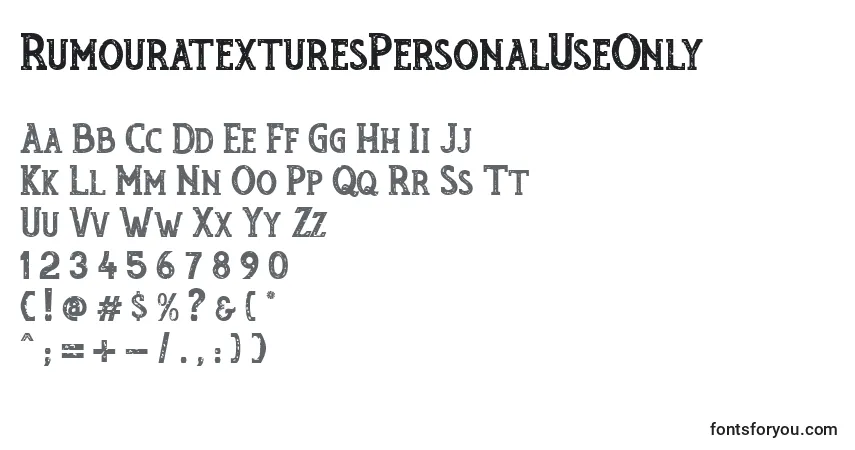 Schriftart RumouratexturesPersonalUseOnly – Alphabet, Zahlen, spezielle Symbole
