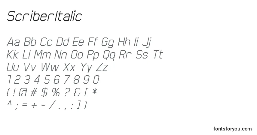 Шрифт ScriberItalic – алфавит, цифры, специальные символы