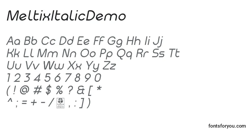 Schriftart MeltixItalicDemo – Alphabet, Zahlen, spezielle Symbole