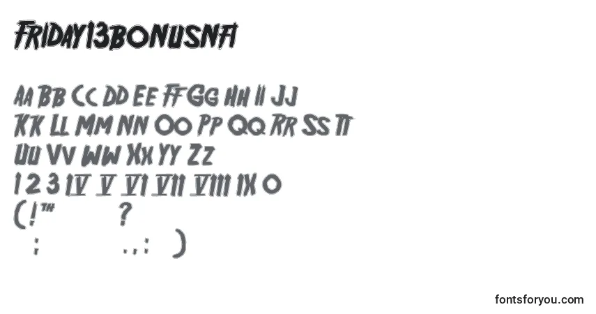 Schriftart Friday13bonusnfi – Alphabet, Zahlen, spezielle Symbole