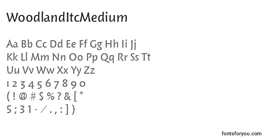 WoodlandItcMedium-fontti – aakkoset, numerot, erikoismerkit