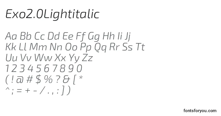 Шрифт Exo2.0Lightitalic – алфавит, цифры, специальные символы