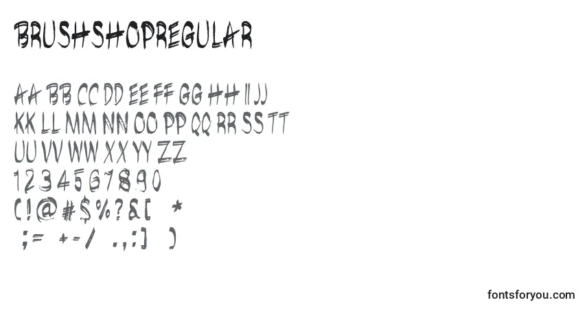 Czcionka BrushshopRegular – alfabet, cyfry, specjalne znaki