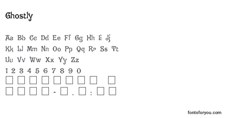 Czcionka Ghostly – alfabet, cyfry, specjalne znaki
