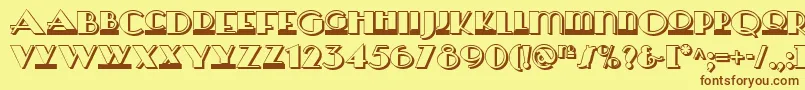 フォントHerald Square Two Nf – 茶色の文字が黄色の背景にあります。