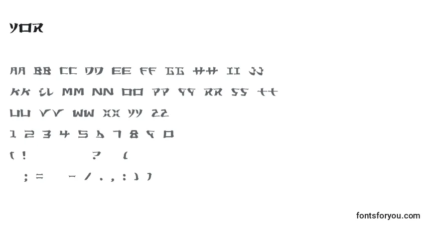 A fonte Yor – alfabeto, números, caracteres especiais