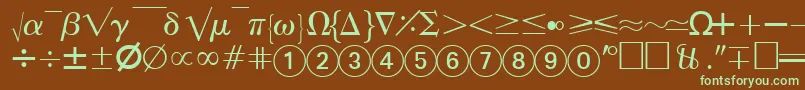 フォントAbacusfoursskRegular – 緑色の文字が茶色の背景にあります。