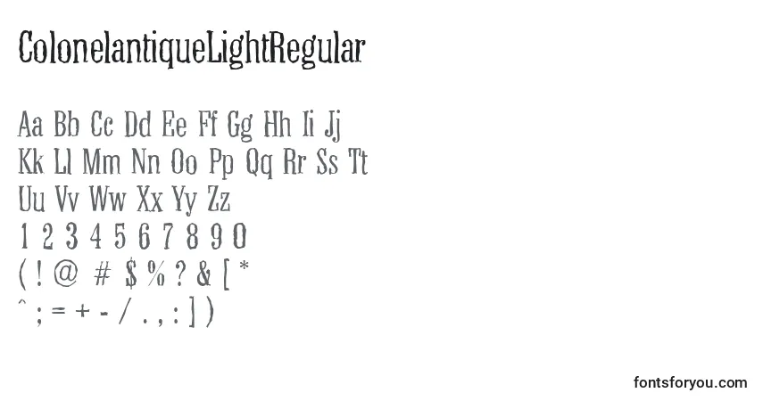 A fonte ColonelantiqueLightRegular – alfabeto, números, caracteres especiais