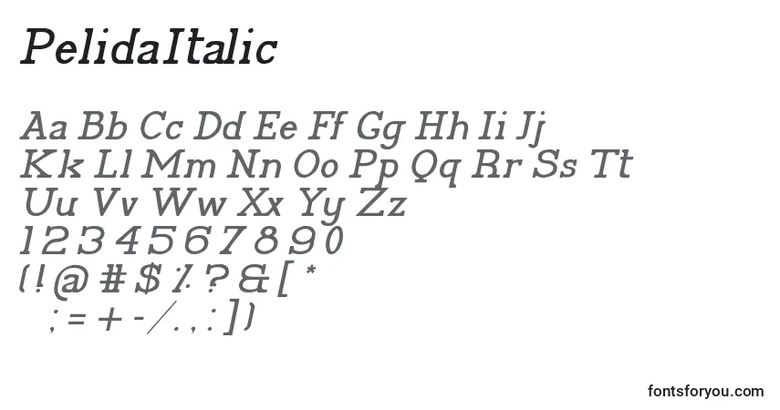 A fonte PelidaItalic – alfabeto, números, caracteres especiais