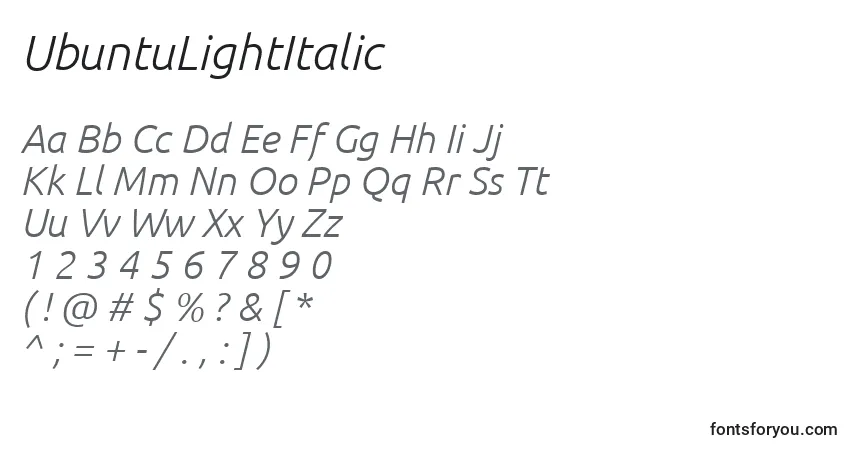 A fonte UbuntuLightItalic – alfabeto, números, caracteres especiais