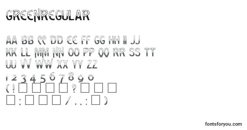 Czcionka GreenRegular – alfabet, cyfry, specjalne znaki