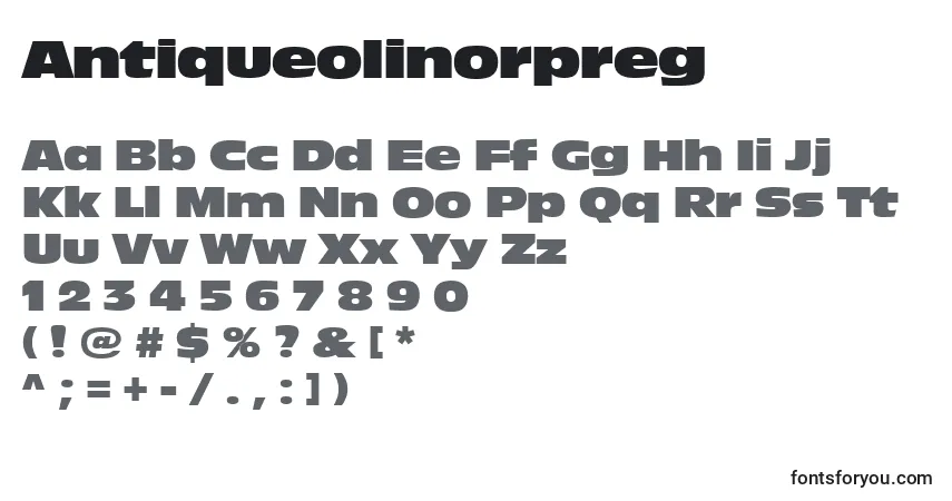 Czcionka Antiqueolinorpreg – alfabet, cyfry, specjalne znaki