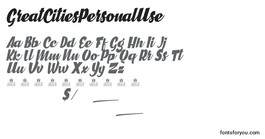 Schriftart GreatCitiesPersonalUse – Alphabet, Zahlen, spezielle Symbole