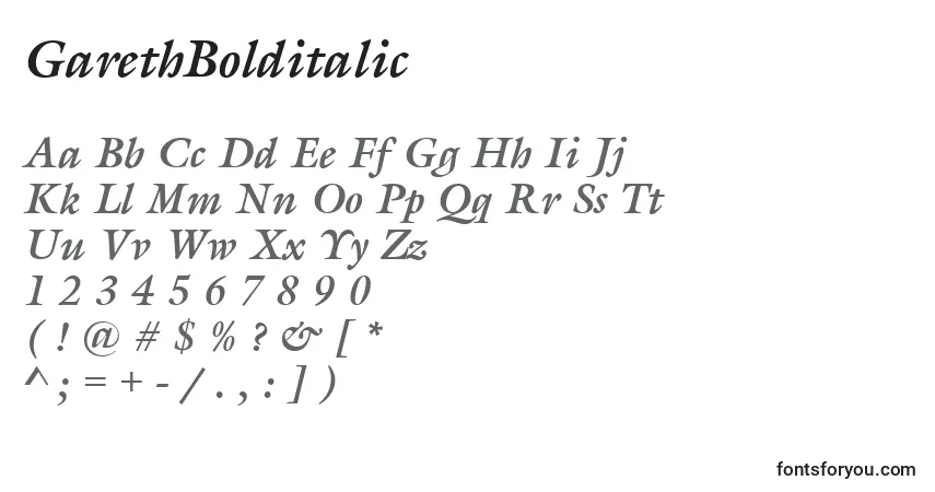 Schriftart GarethBolditalic – Alphabet, Zahlen, spezielle Symbole