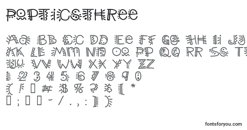 A fonte Popticsthree – alfabeto, números, caracteres especiais