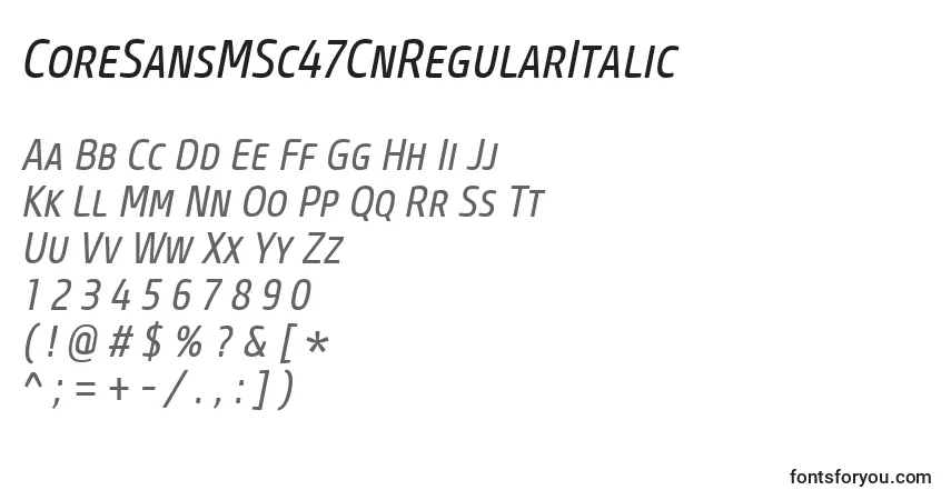 Czcionka CoreSansMSc47CnRegularItalic – alfabet, cyfry, specjalne znaki