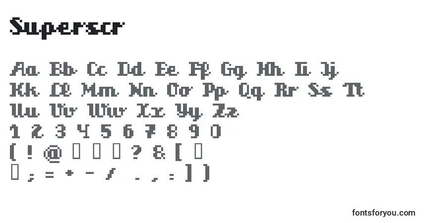 Czcionka Superscr – alfabet, cyfry, specjalne znaki