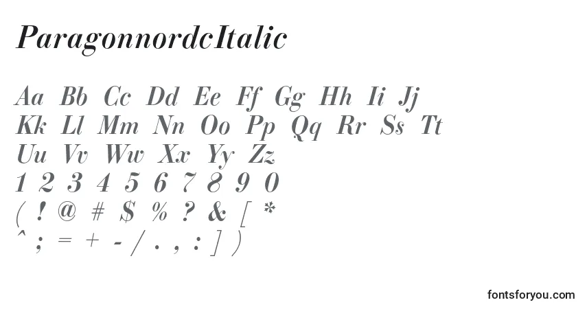 A fonte ParagonnordcItalic – alfabeto, números, caracteres especiais