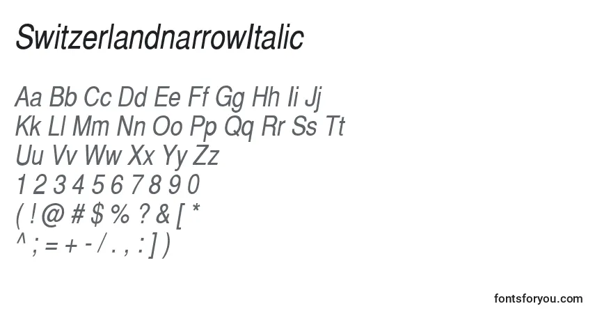 Schriftart SwitzerlandnarrowItalic – Alphabet, Zahlen, spezielle Symbole