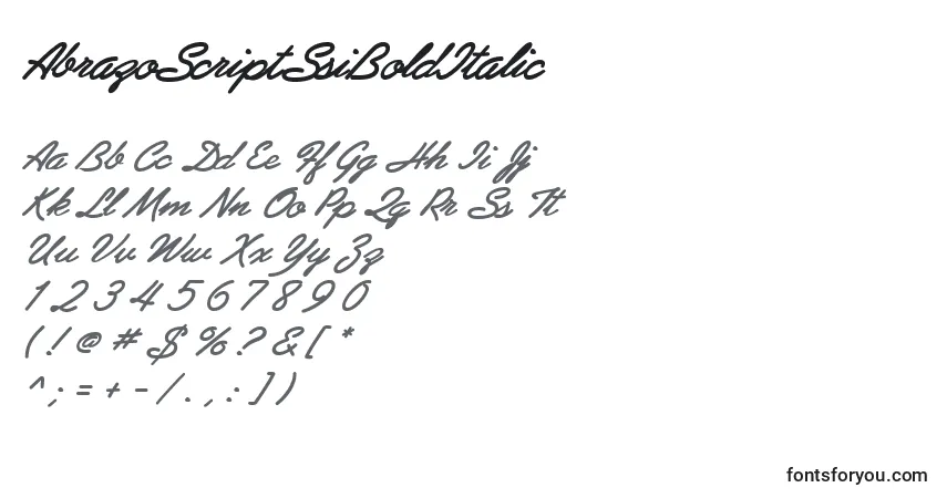 A fonte AbrazoScriptSsiBoldItalic – alfabeto, números, caracteres especiais
