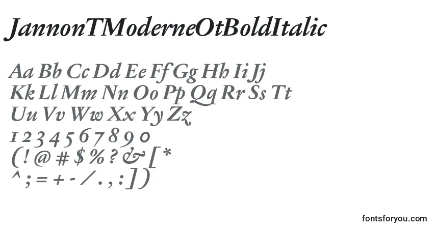 Schriftart JannonTModerneOtBoldItalic – Alphabet, Zahlen, spezielle Symbole