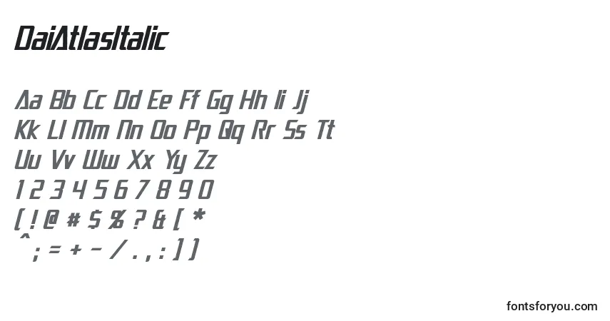 Czcionka DaiAtlasItalic – alfabet, cyfry, specjalne znaki