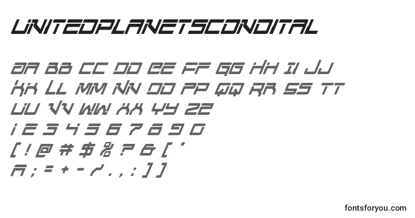 Schriftart Unitedplanetscondital – Alphabet, Zahlen, spezielle Symbole