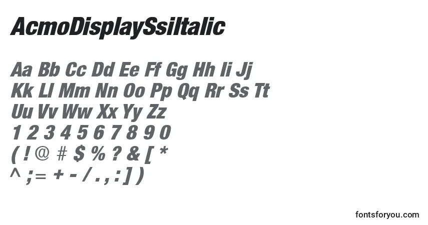 A fonte AcmoDisplaySsiItalic – alfabeto, números, caracteres especiais