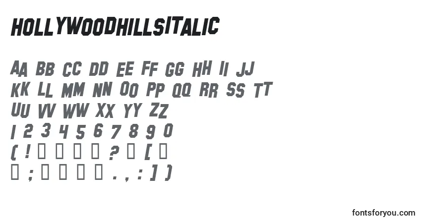 A fonte HollywoodHillsItalic – alfabeto, números, caracteres especiais