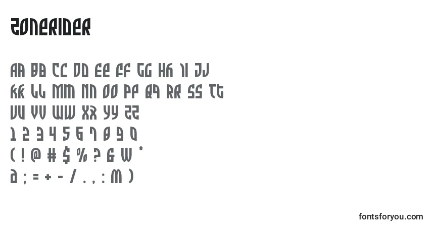 Czcionka Zonerider – alfabet, cyfry, specjalne znaki